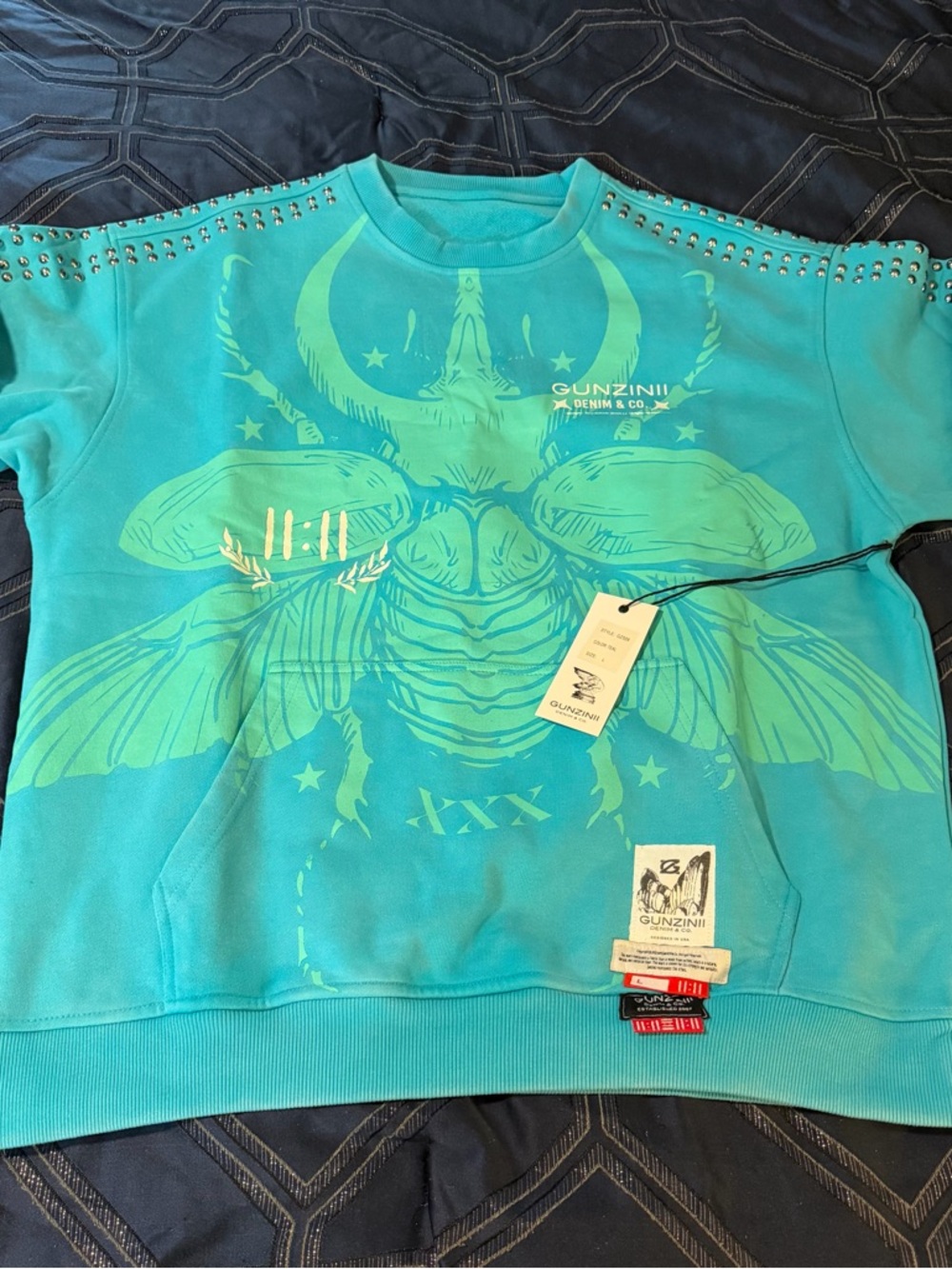Gunzinii Heavyweight Oversized Teal Studded Graphic Sweatshirt